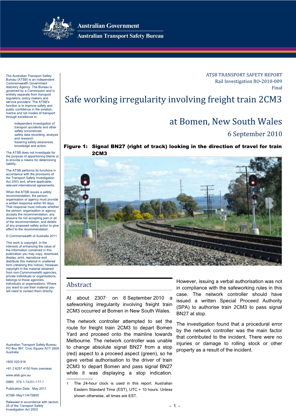 Safe Working Irregularity Involving Freight Train 2CM3 at Bomen, New South Wales 6 September
