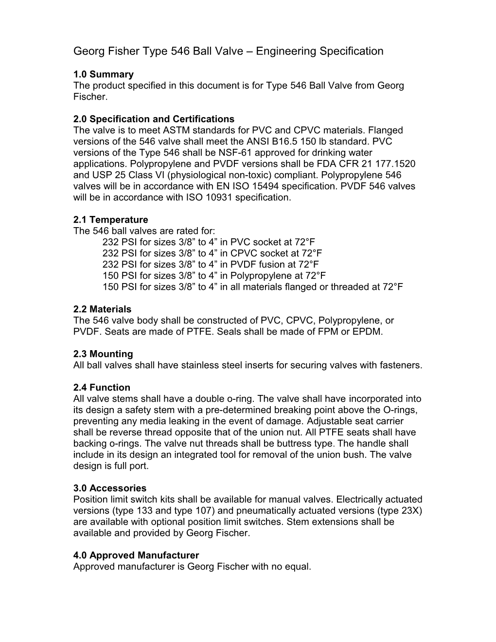 Georg Fisher Type 567 Butterfly Valve Engineering Specification