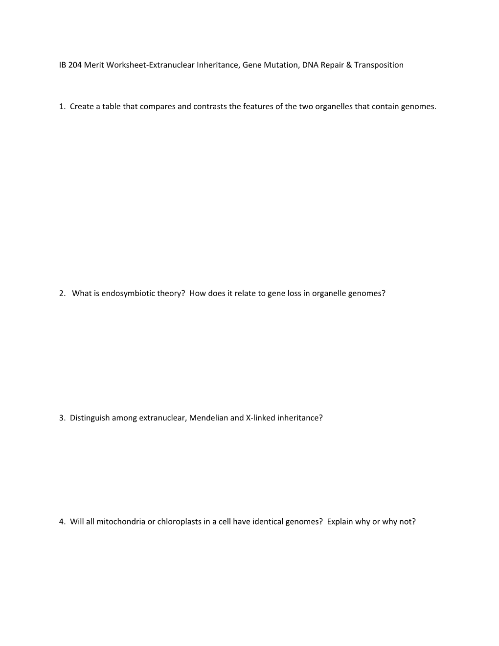 IB 204 Merit Worksheet-Extranuclear Inheritance, Gene Mutation, DNA Repair & Transposition