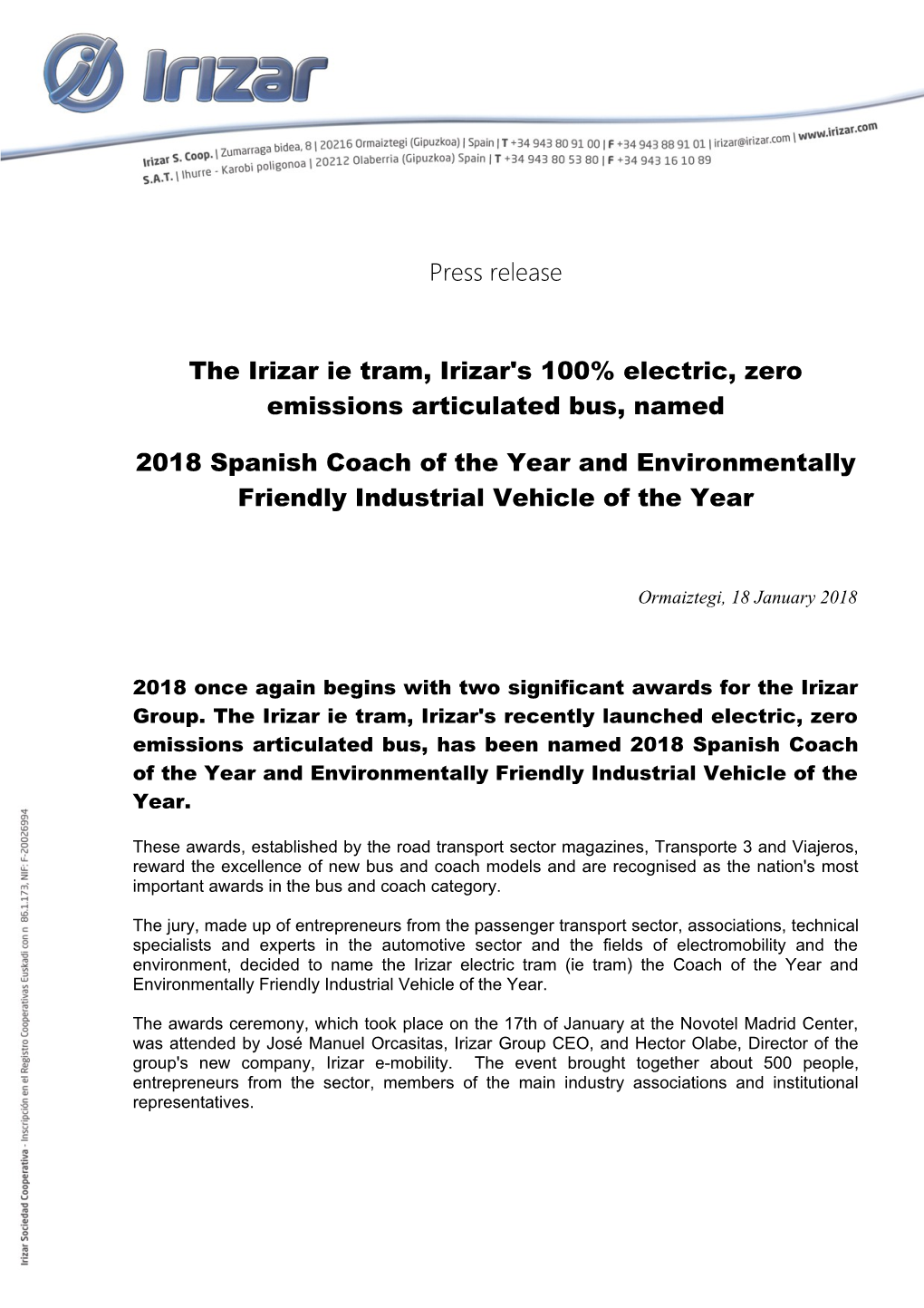 The Irizar Ie Tram, Irizar's 100% Electric, Zero Emissions Articulated Bus, Named