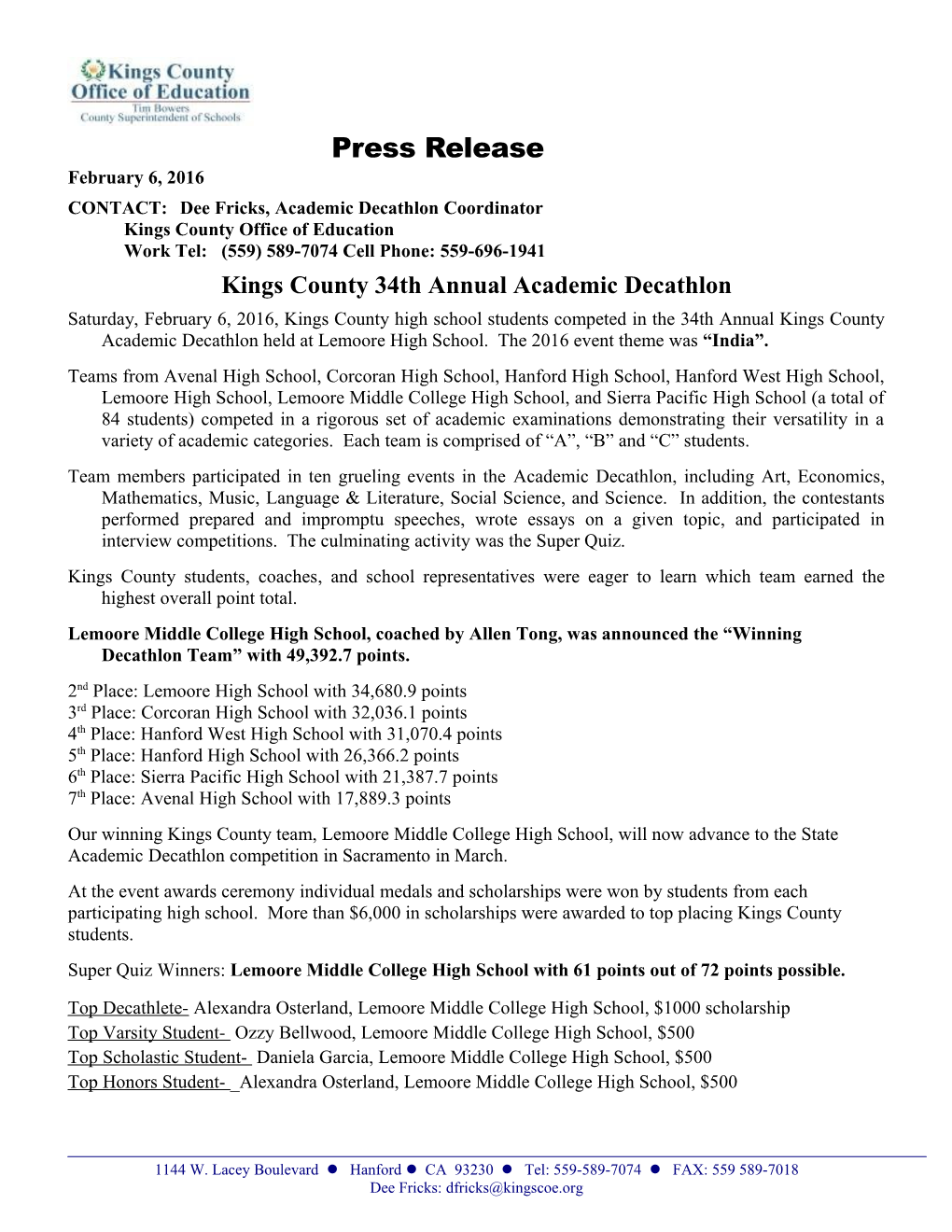 Kings County 34Th Annual Academic Decathlon