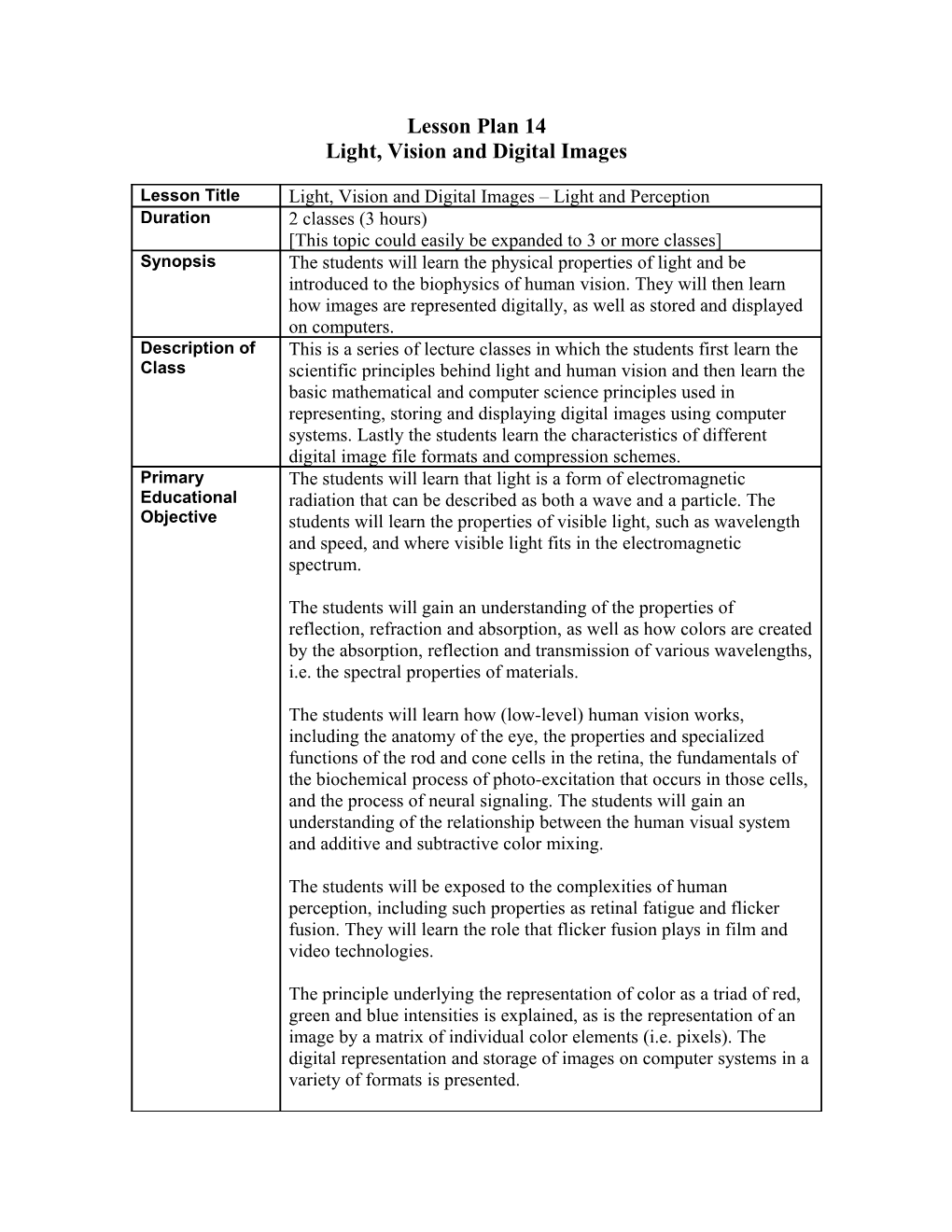 Light, Vision and Digital Images