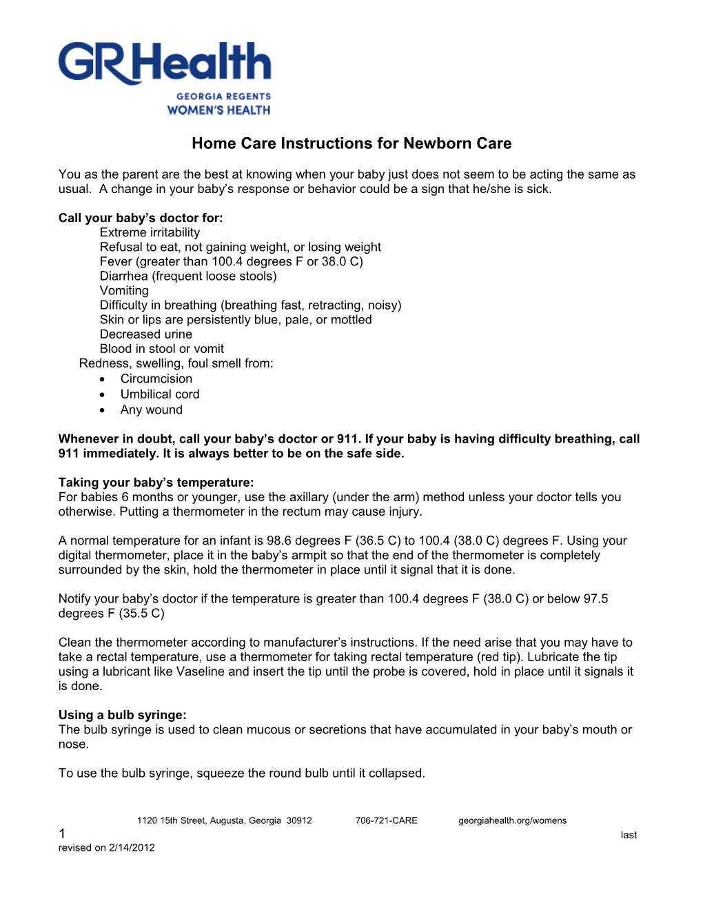 Home Care Instructions for Newborn Care