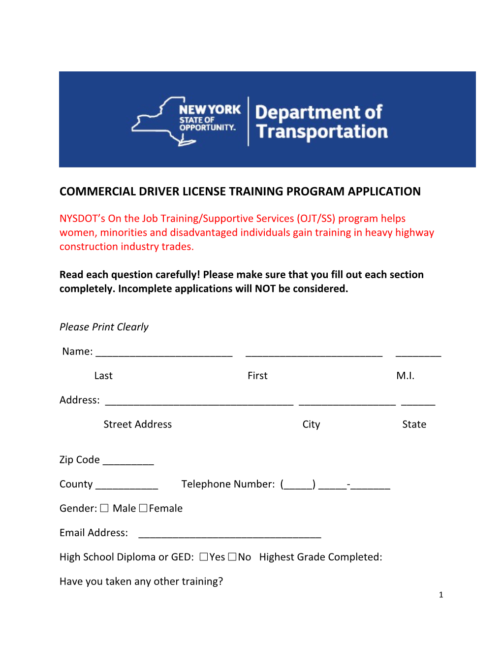 Commercial Driver License Training Program Application