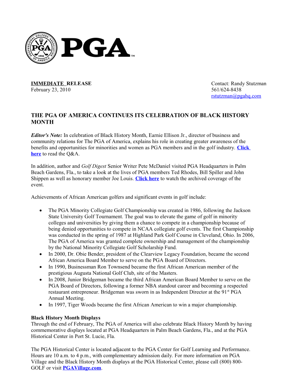 The Pga of America Continues Its Celebration of Black History Month