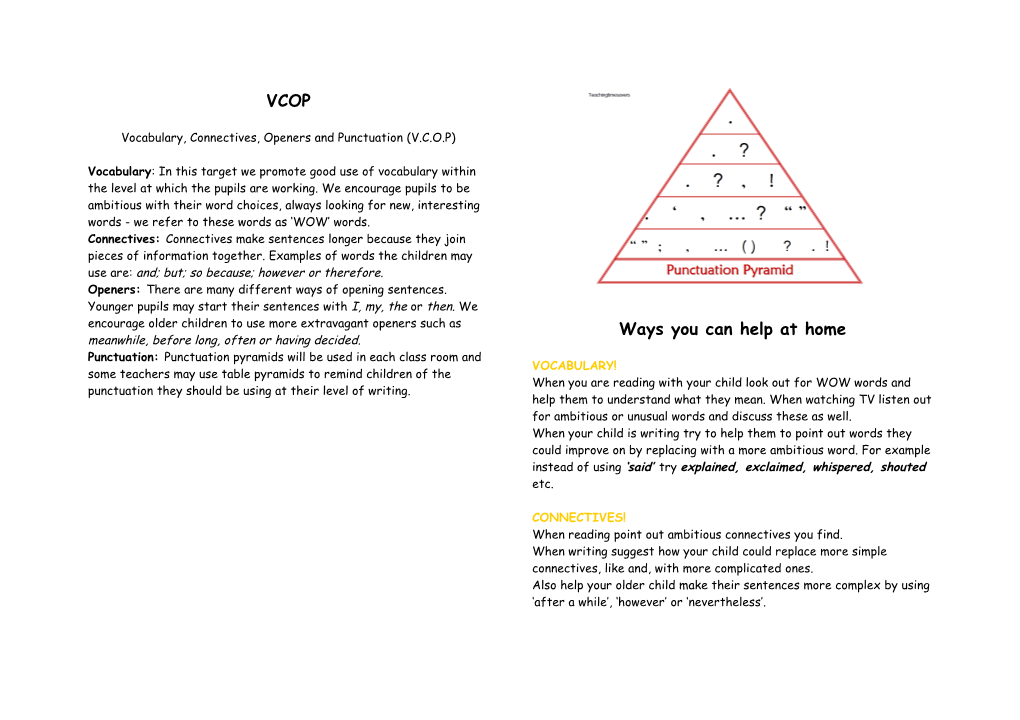 Vocabulary, Connectives, Openers and Punctuation (V.C.O.P)