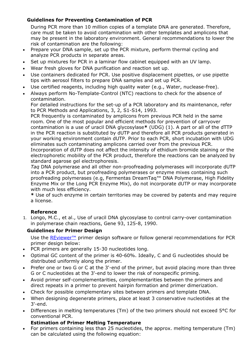 Guidelines for Preventing Contamination of PCR