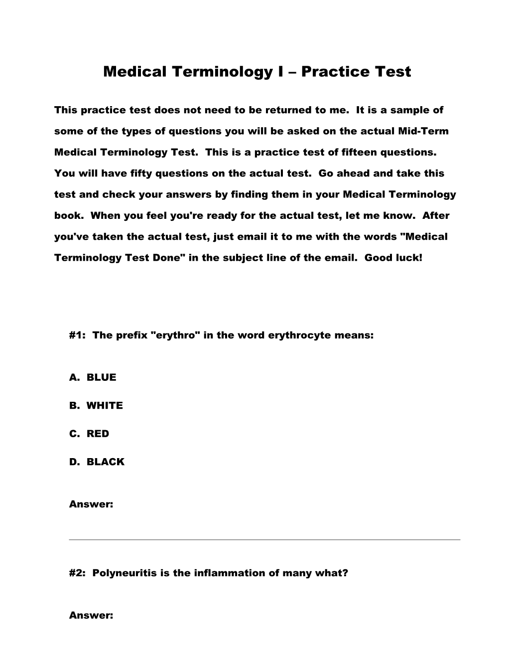 Medical Terminology I – Practice Test