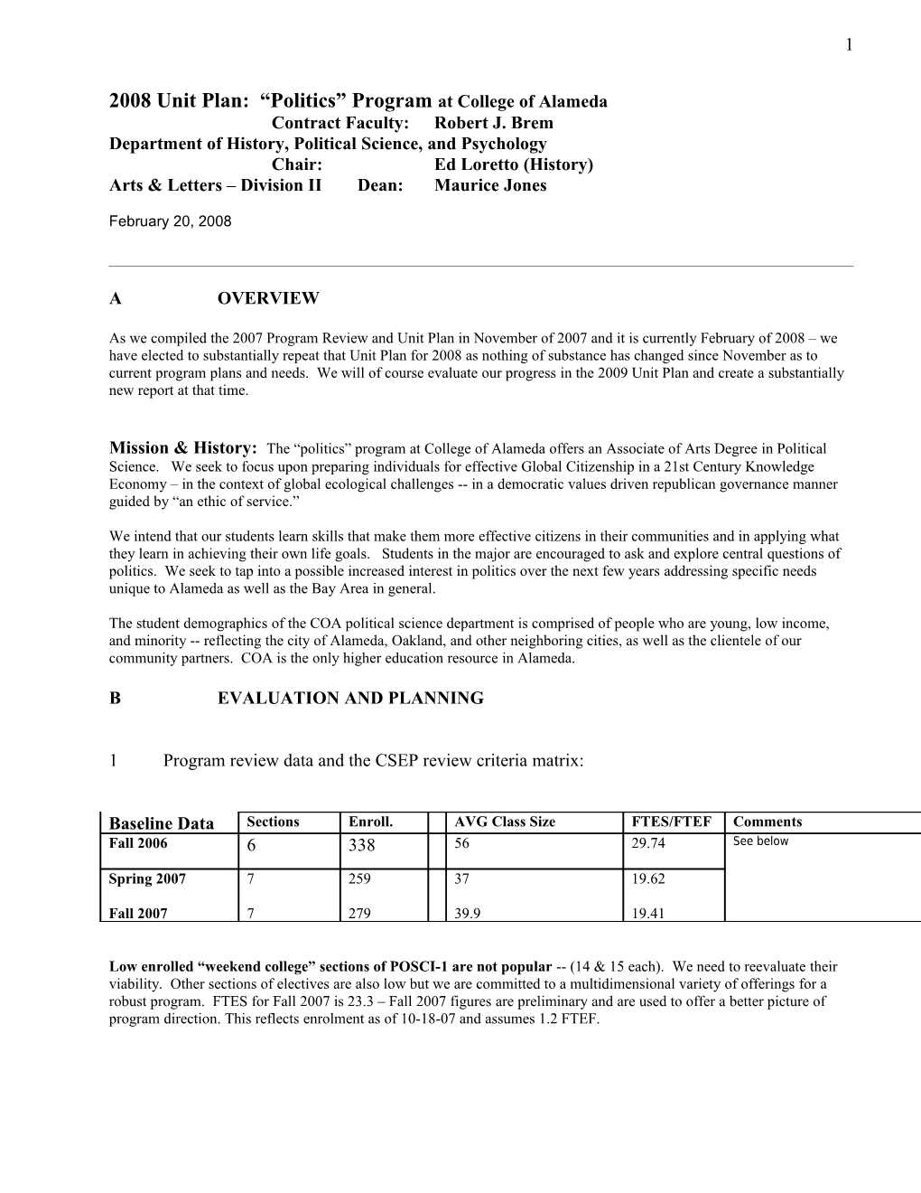 2008 Unit Plan: Politics Program at College of Alameda