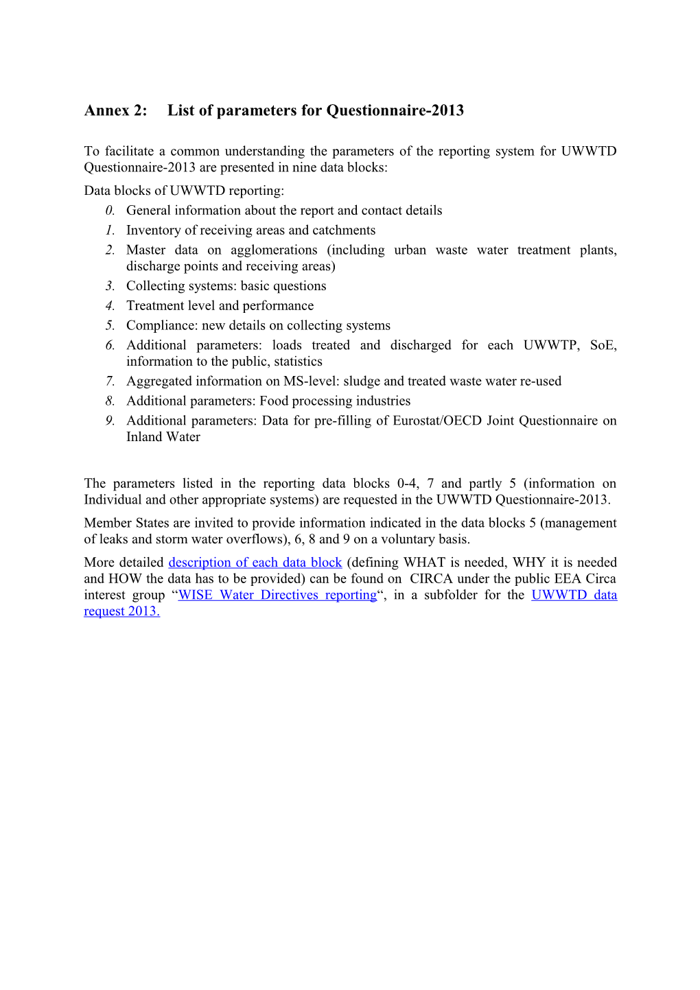 Annex 2:List of Parameters for Questionnaire-2013