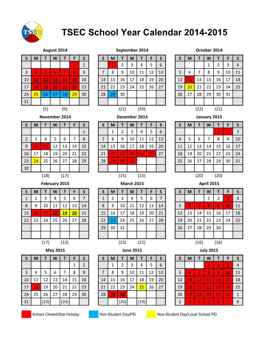 Tsec School Year Calendar 2014-2015