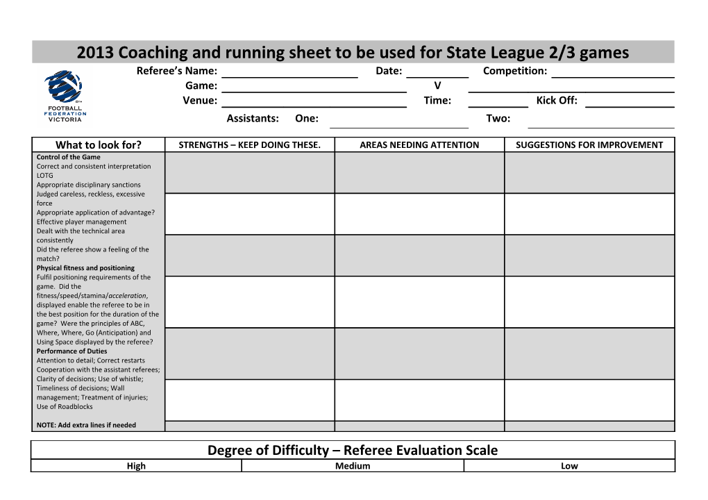 Referee S Coaching Sheet