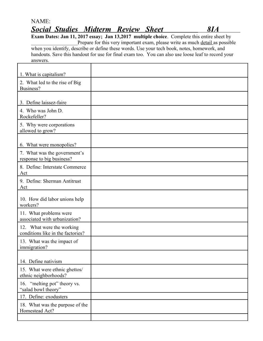 Social Studies 8Th Grade Midterm Review Sheet Name______