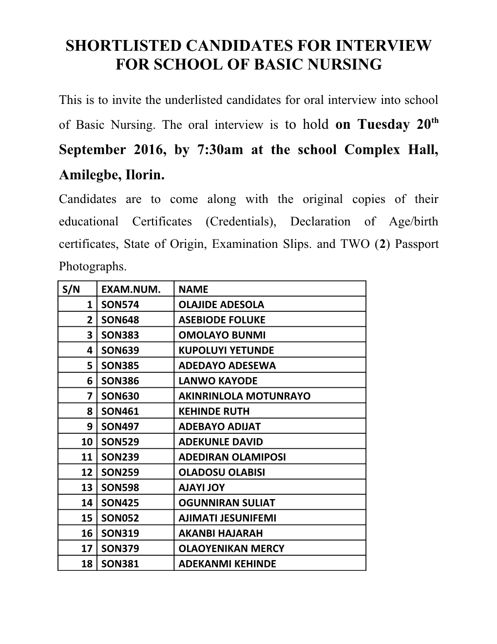 Shortlisted Candidates for Interview for School of Basic Nursing