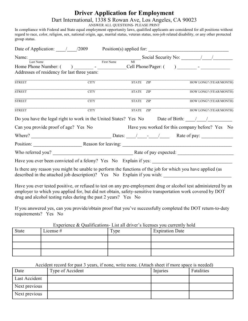 Driver Application for Employment