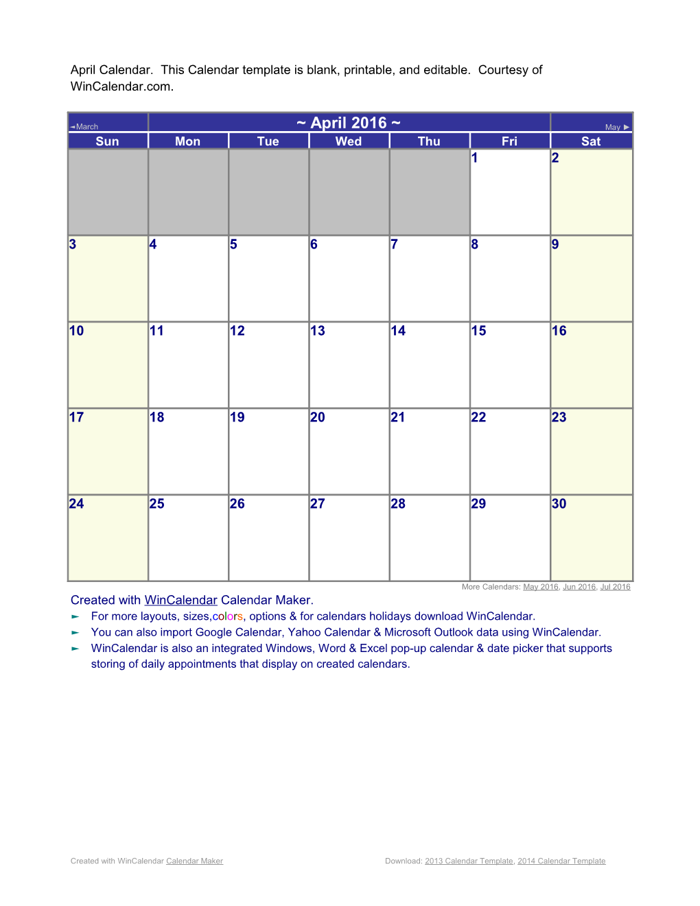 April Calendar. This Calendar Template Is Blank, Printable, and Editable. Courtesy Of