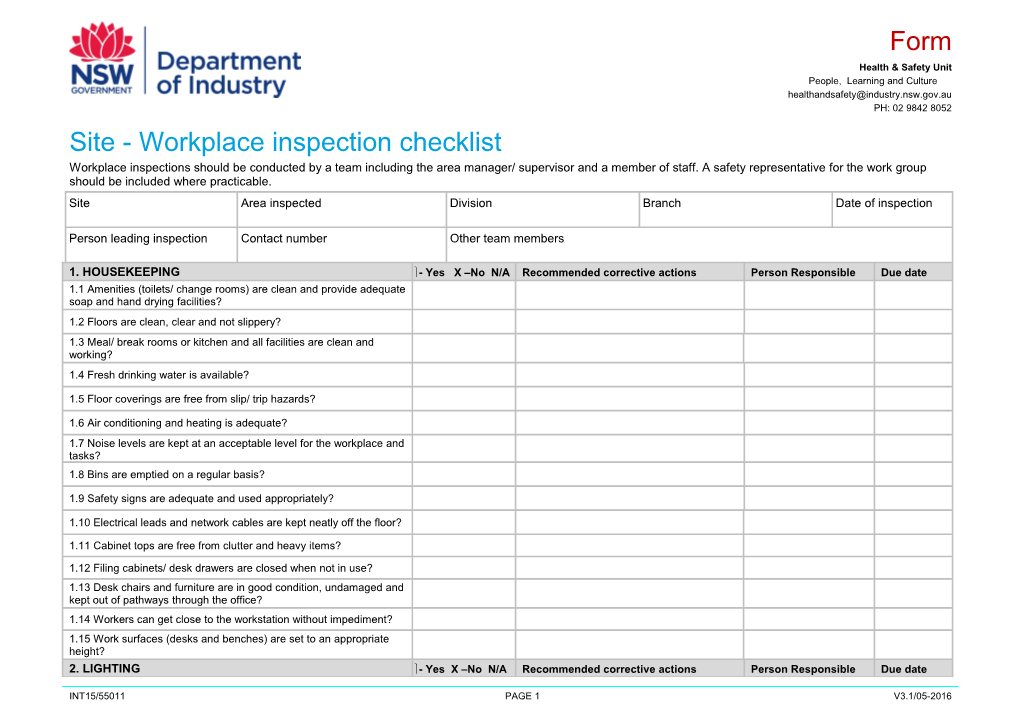 Site - Workplace Inspection Checklist