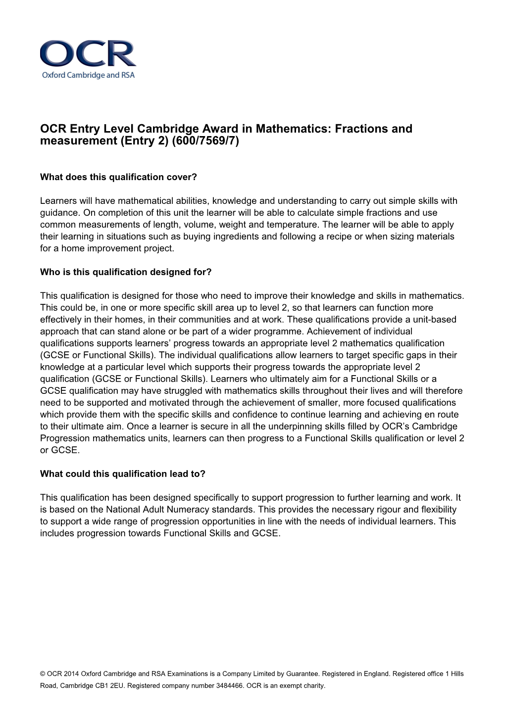 OCR Entry Level Cambridge Award in Mathematics: Fractions and Measurement (Entry 2) (600/7569/7)