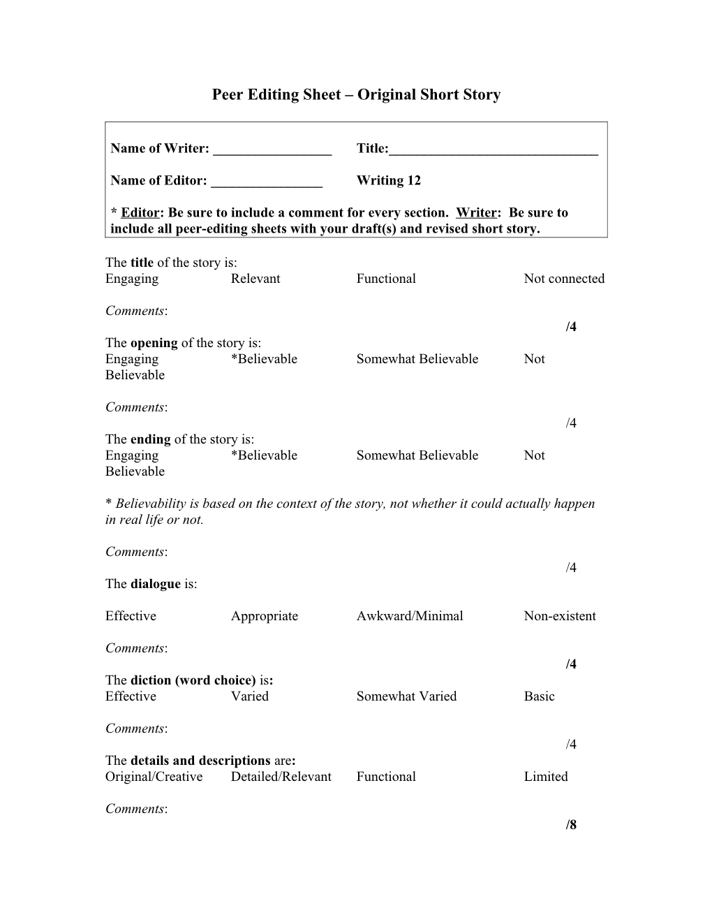 Peer Editing Sheet Writing 12