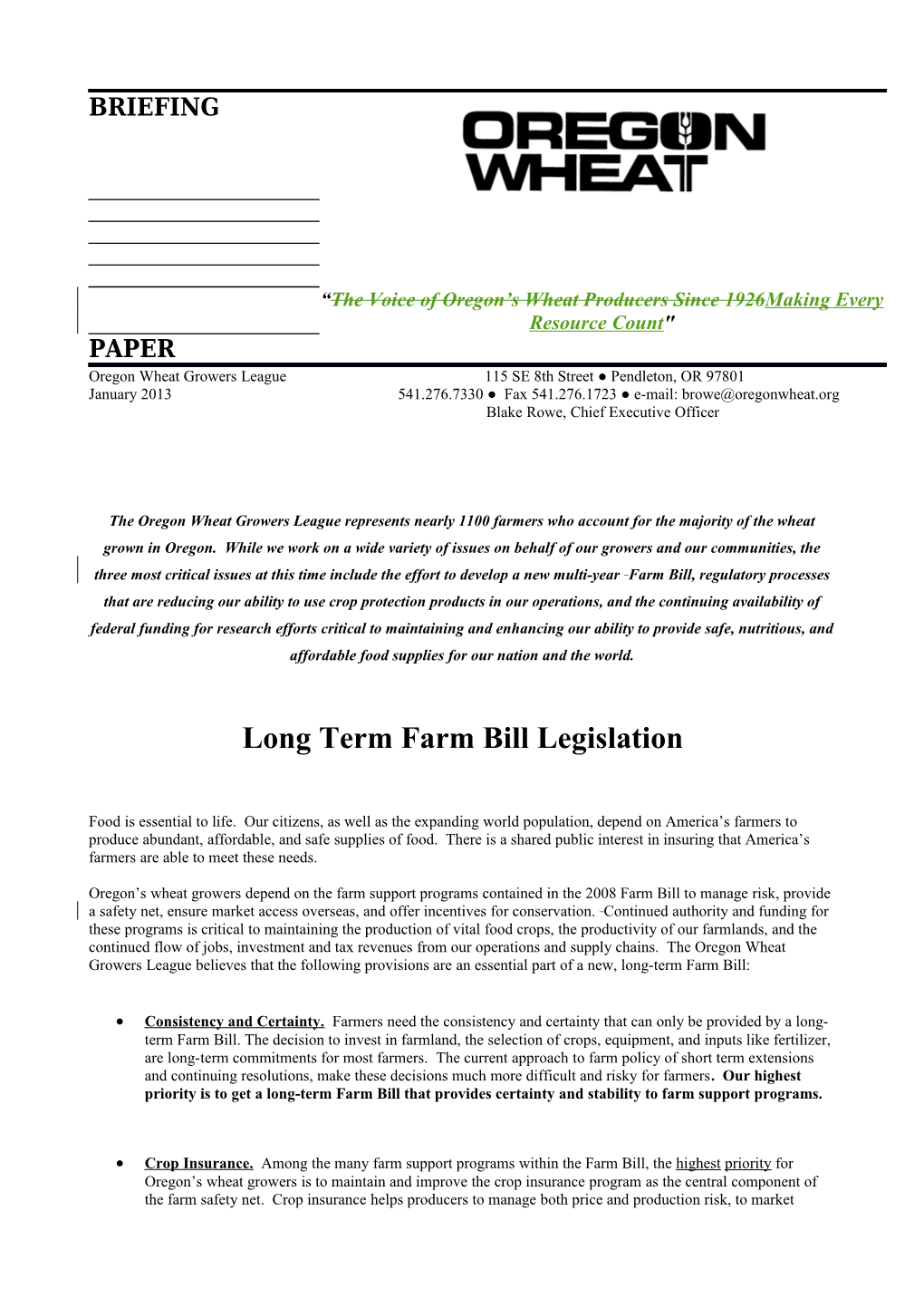 Long Term Farm Bill Legislation