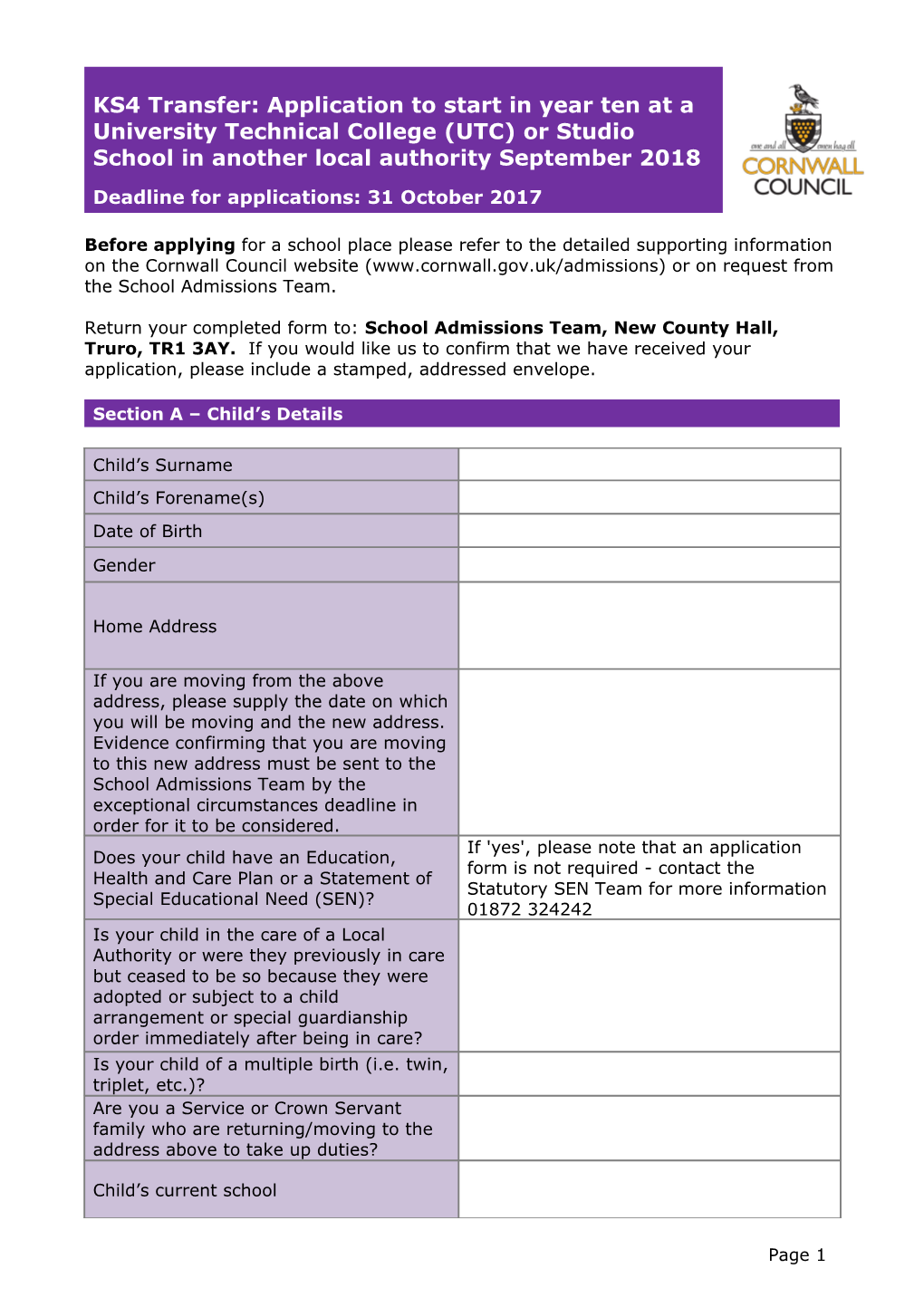 Application for Home to School Transport