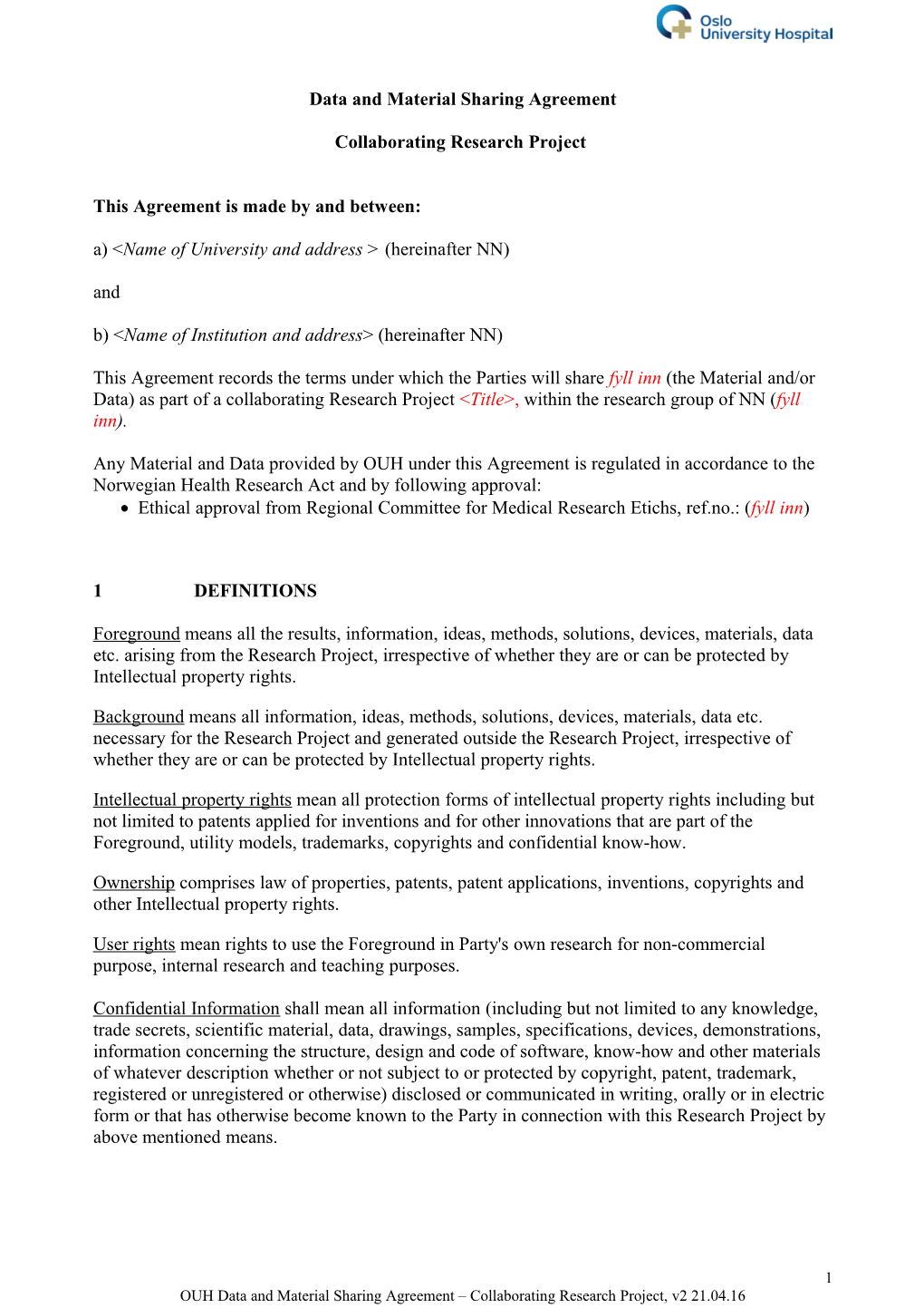 Data and Material Sharing Agreement