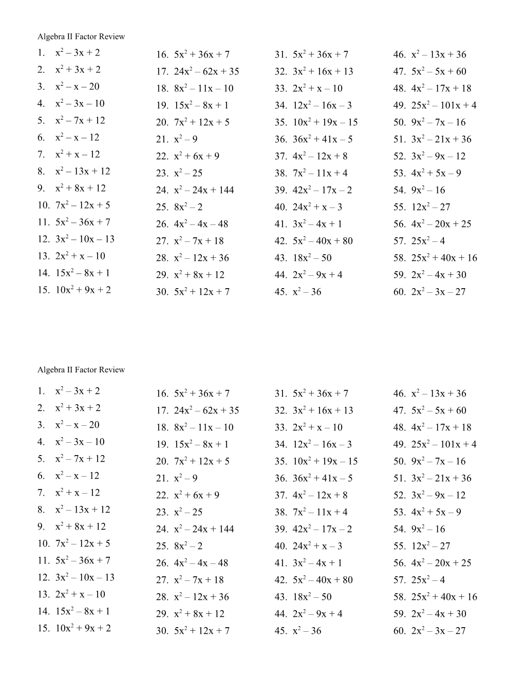 Algebra II Factor Review