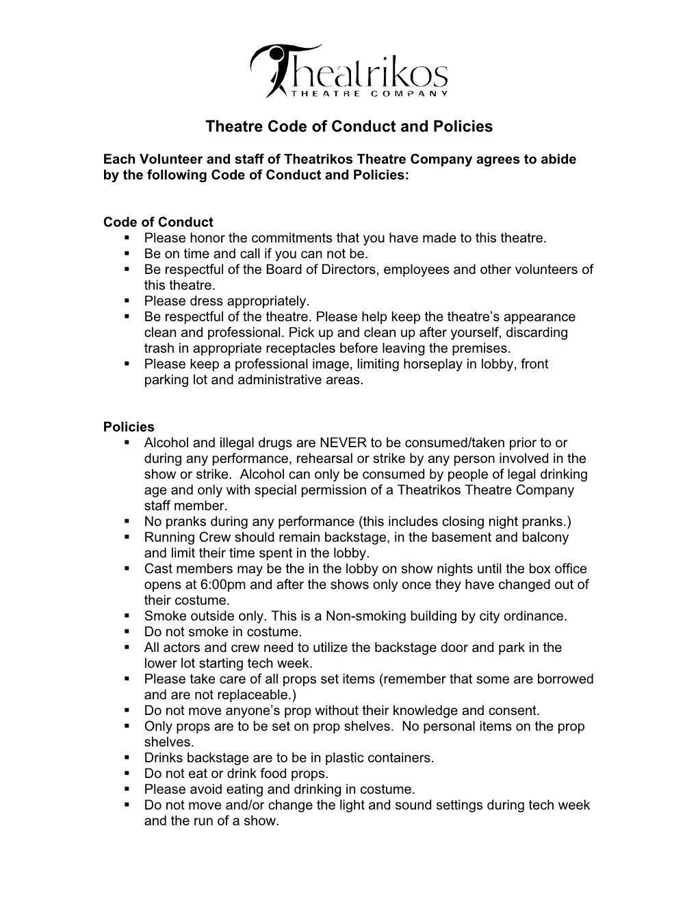 Theatre Code of Conduct and Policies