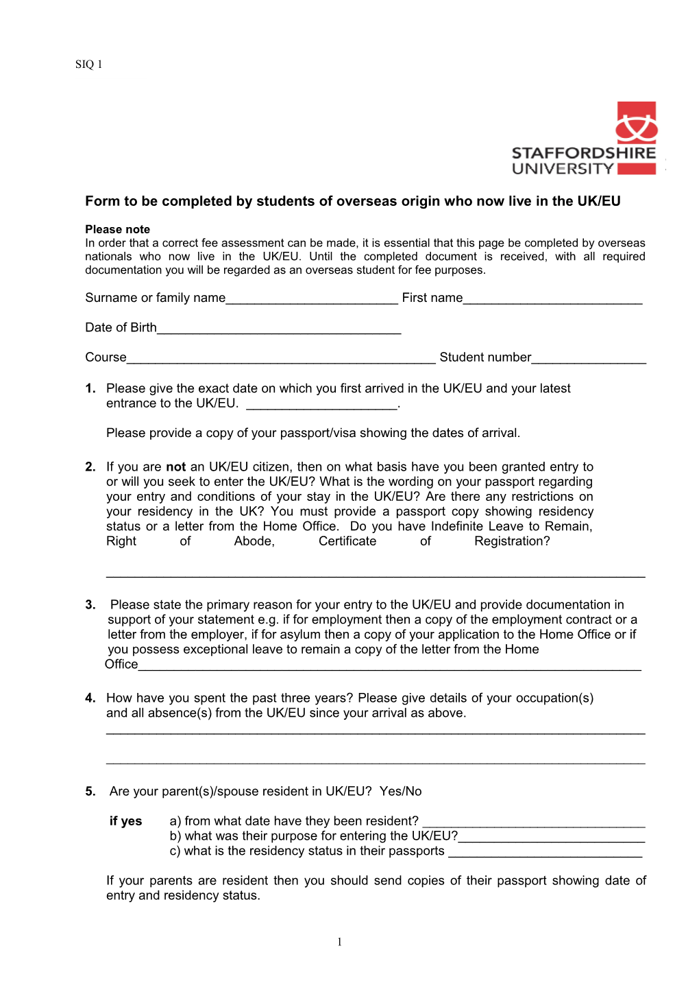 Form to Be Completed by Students of Overseas Origin Who Now Live in the UK/EU
