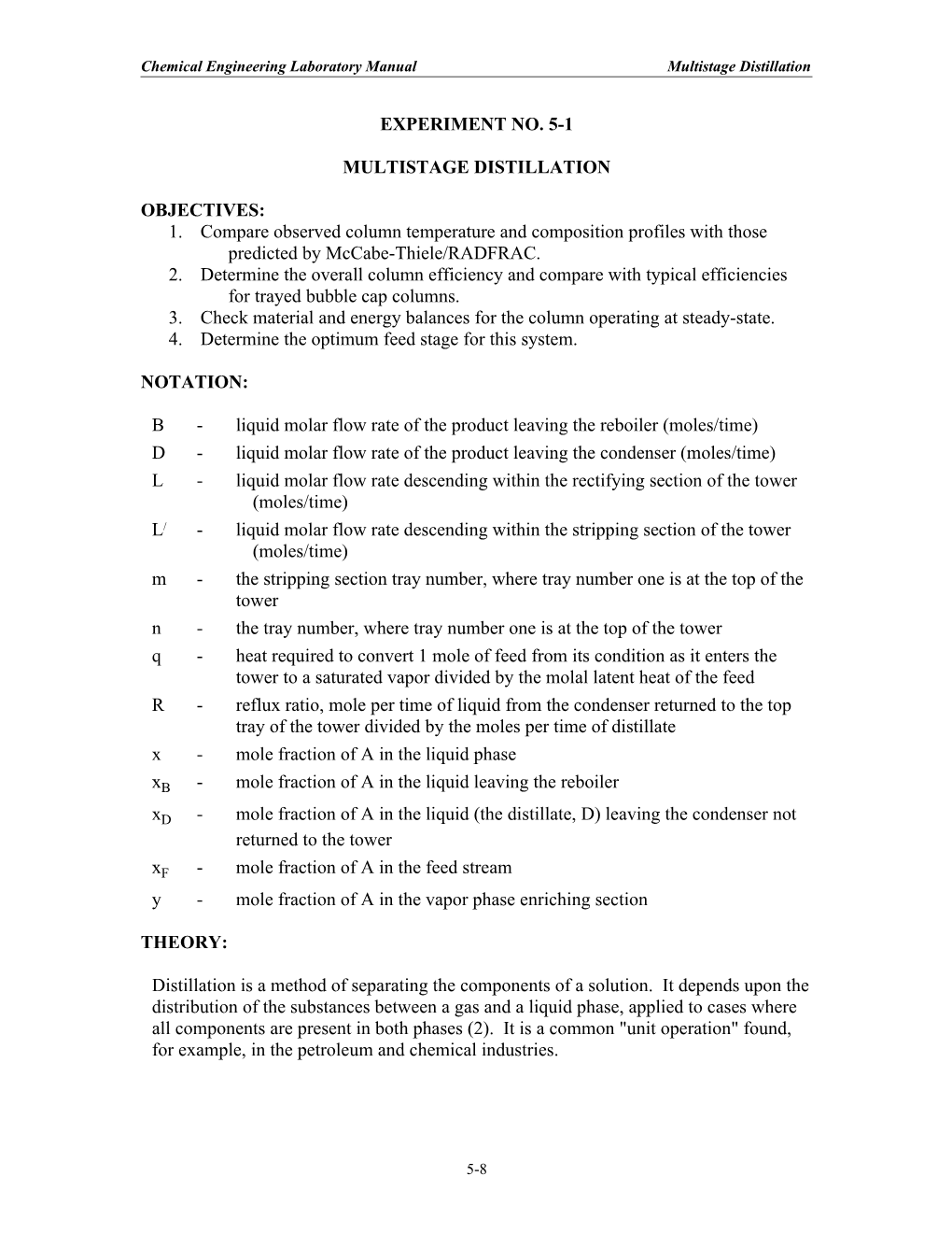 Chemical Engineering Laboratory Manual Multistage Distillation