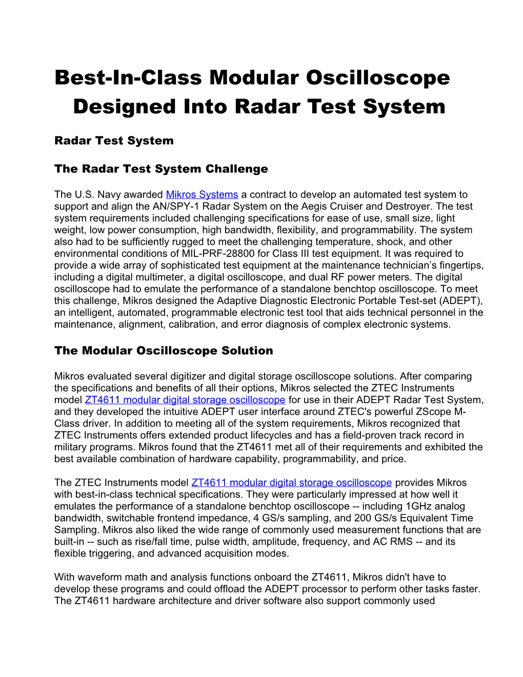 Best-In-Class Modular Oscilloscope Designed Into Radar Test System