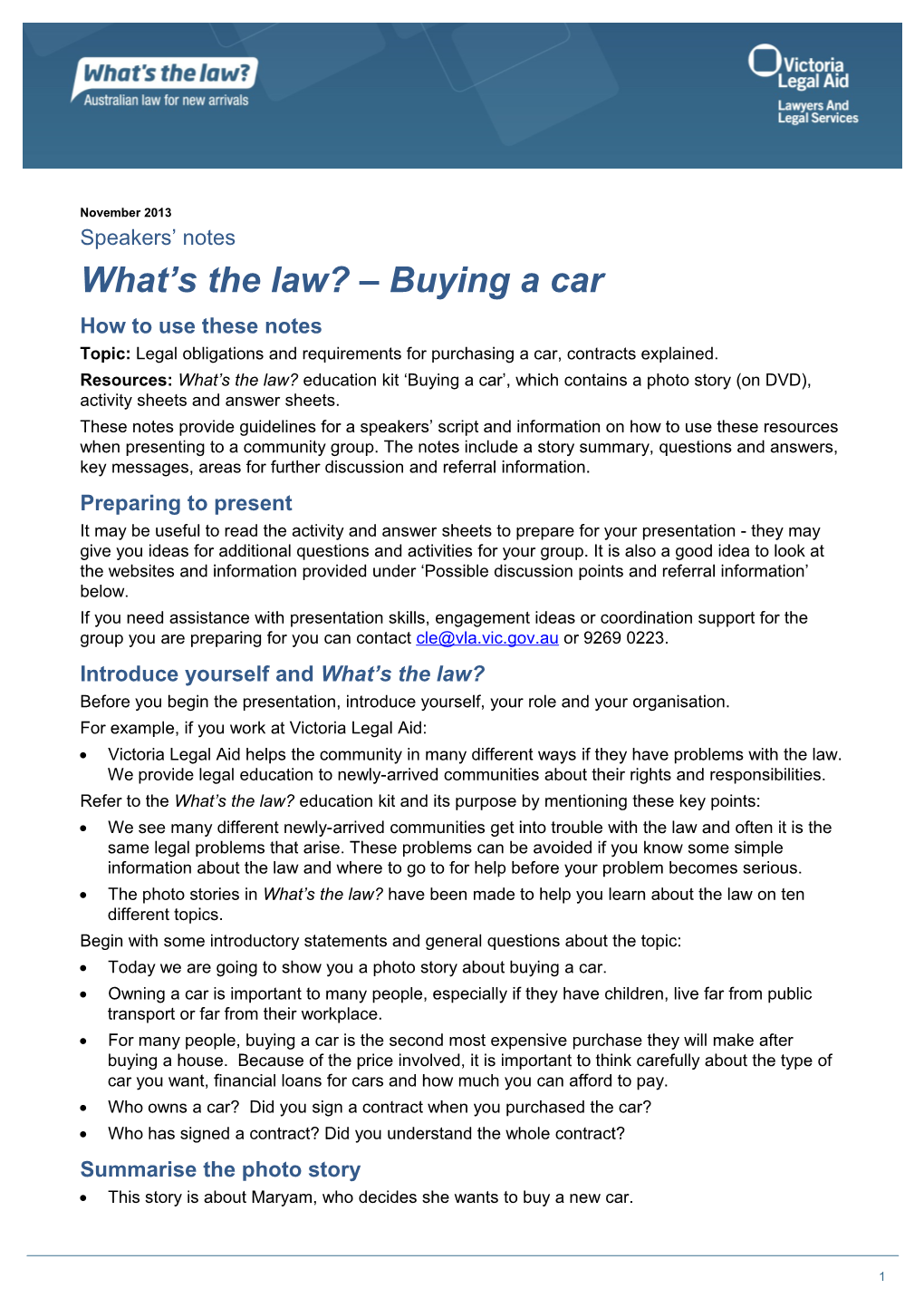 Speakers' Notes What's the Law Buying a Car