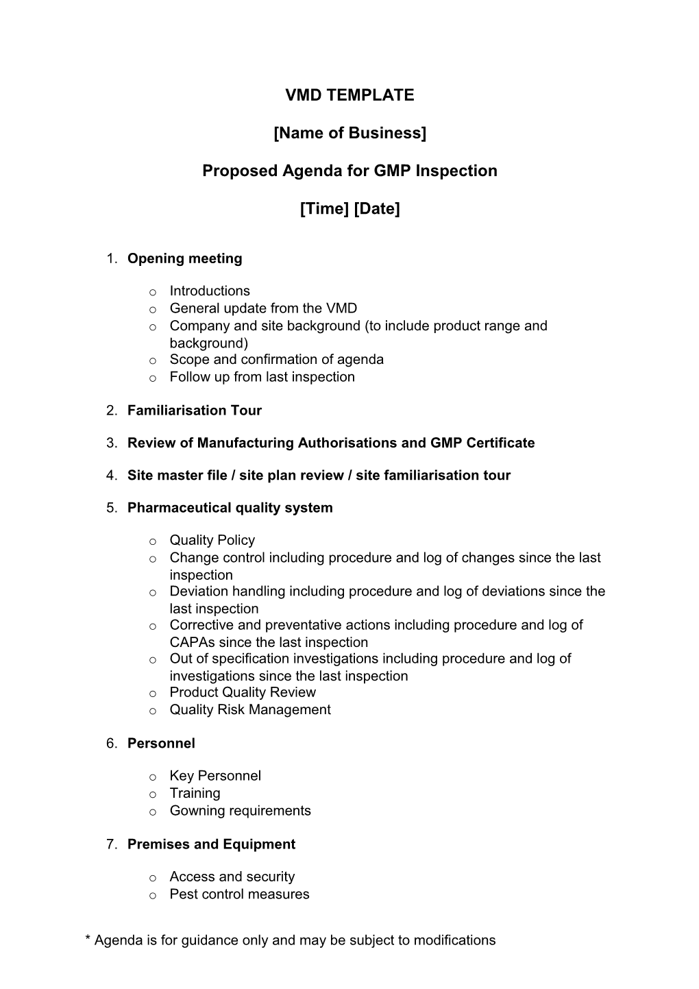 Proposed Agenda for GMP Inspection