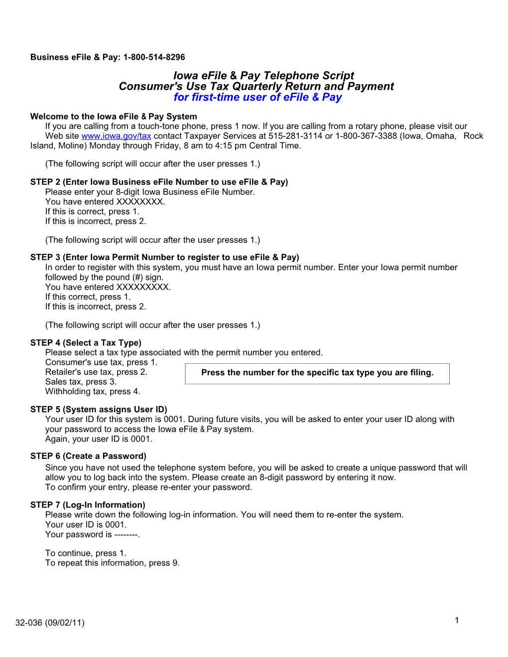 Press the Number for the Specific Tax Type You Are Filing