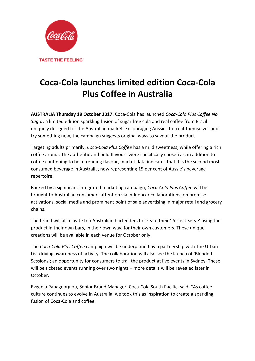 Coca-Cola Launches Limited Edition Coca-Cola Plus Coffee in Australia