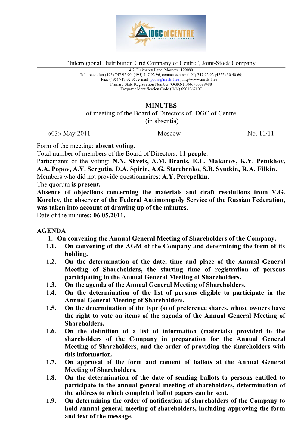 Interregional Distribution Grid Company of Centre , Joint-Stock Company