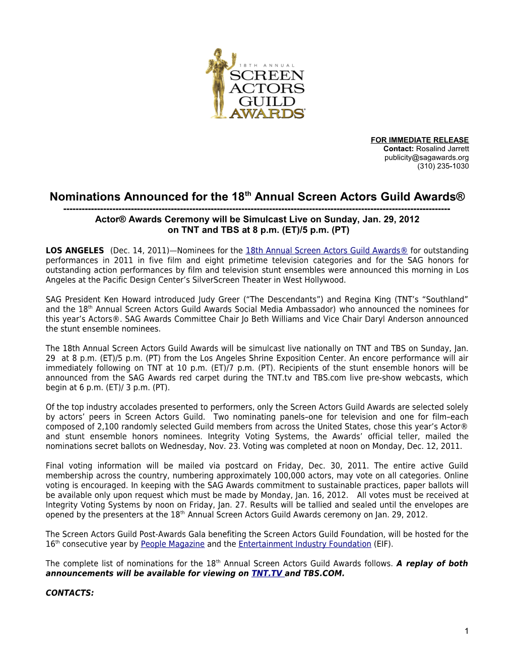 Nominations Announced for the 18Th Annual Screen Actors Guild Awards