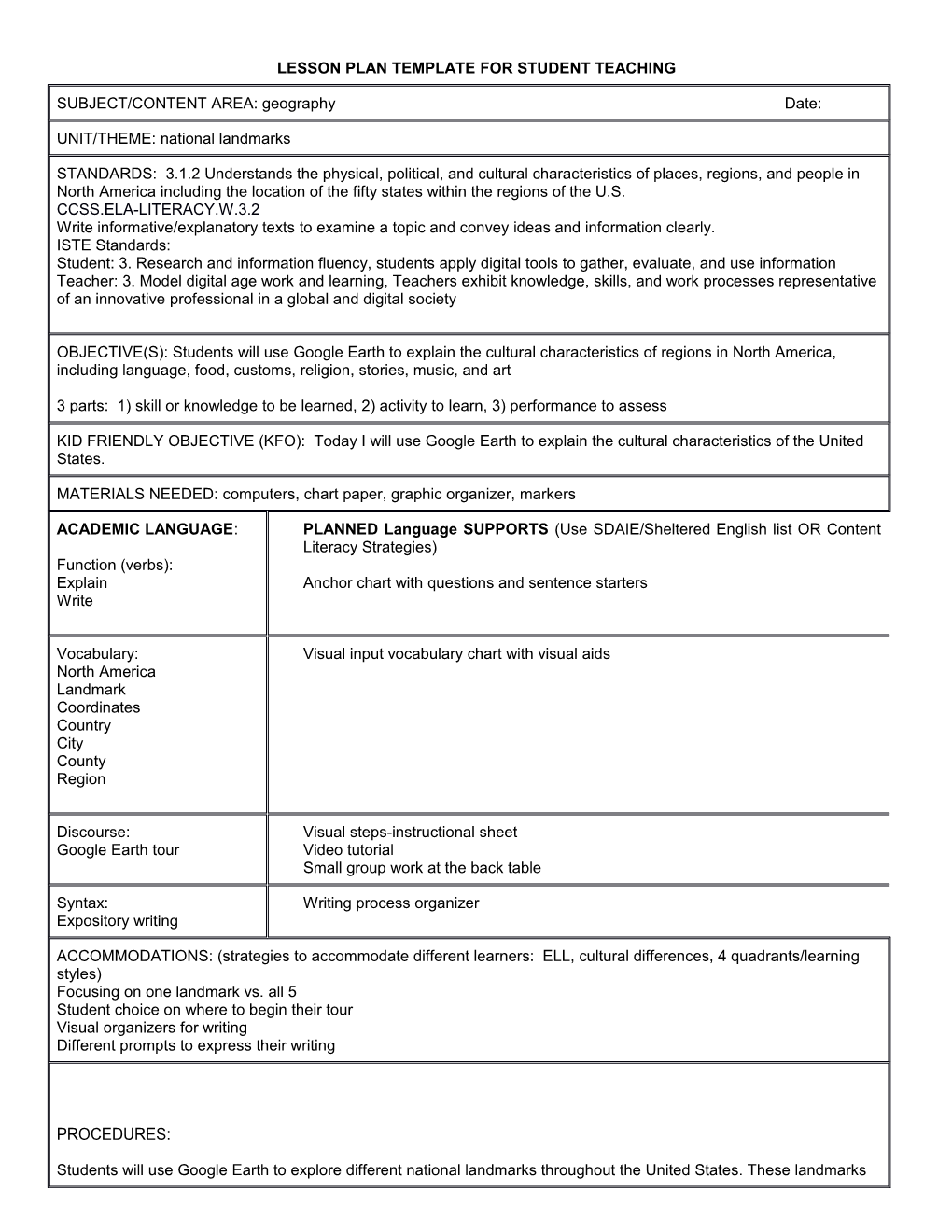 Lesson Plan Template for Student Teaching