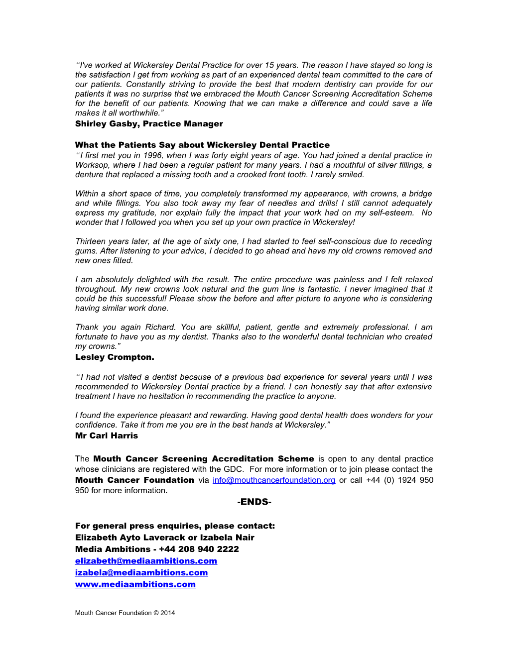 Mouth Cancer Screening Accreditiation Scheme Practice of the Month Wickersley Dental Practice