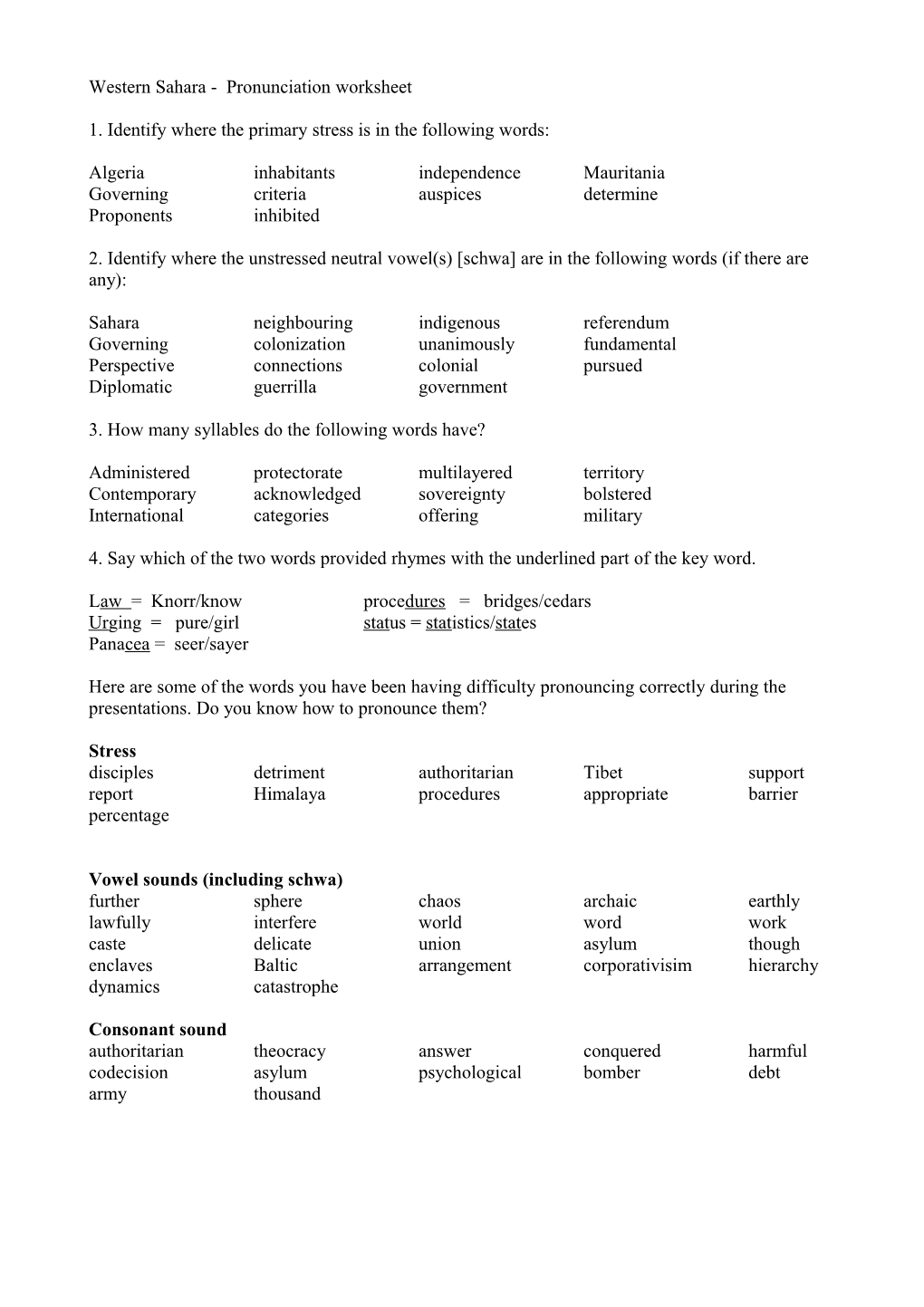 Western Sahara Pronunciation Worksheet