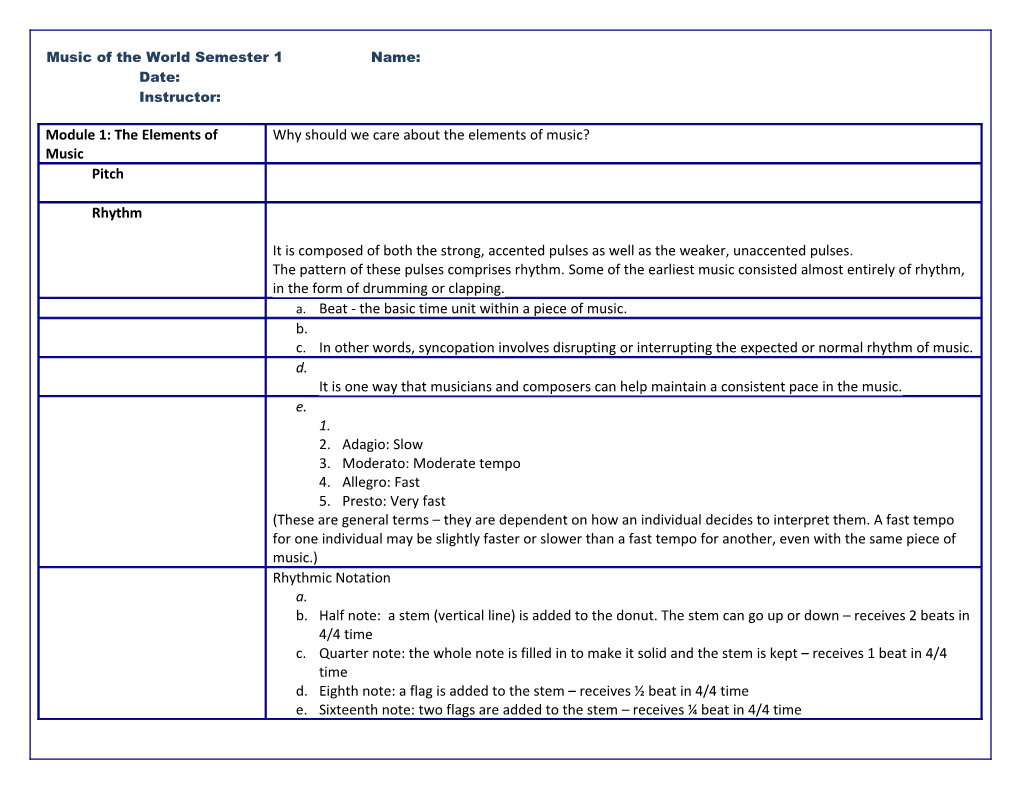 Music of the World Semester 1 Name