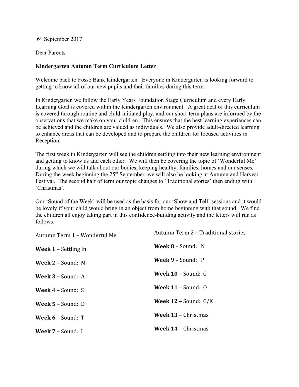 Kindergarten Autumn Term Curriculum Letter