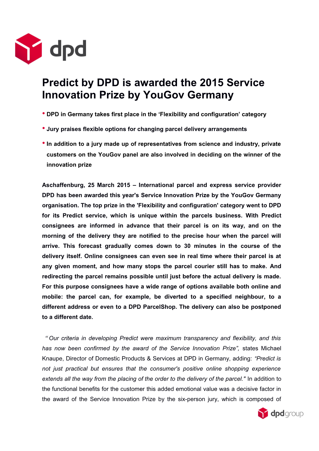 Predict by DPD Is Awarded the 2015 Service Innovation Prize by Yougov Germany