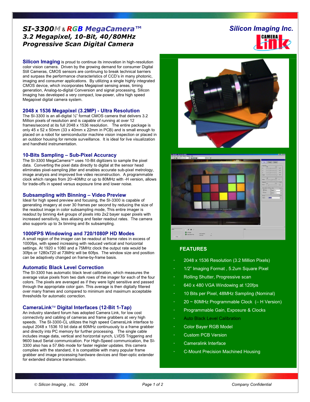 SI-3300 Megacamera Cameralink Specifications