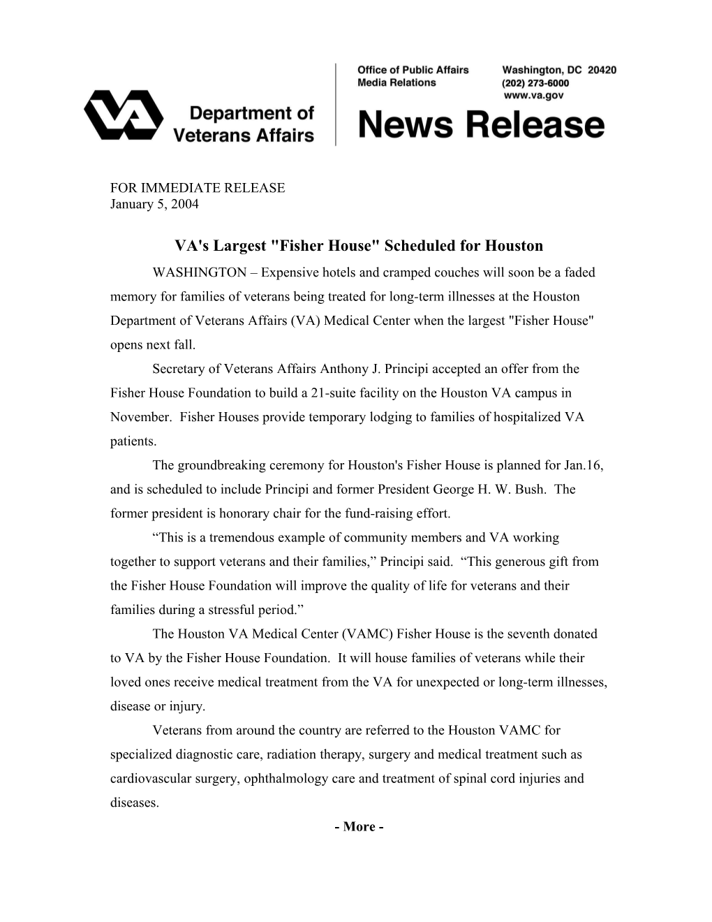 VA's Largest Fisher House Scheduled for Houston