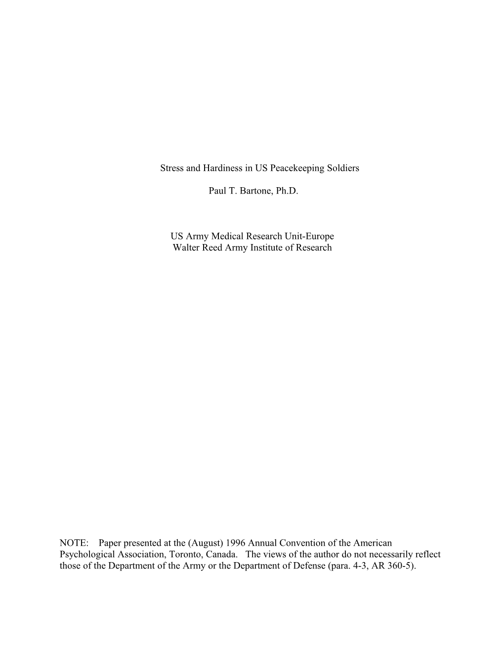 Stress And Hardiness In US Peacekeeping Soldiers