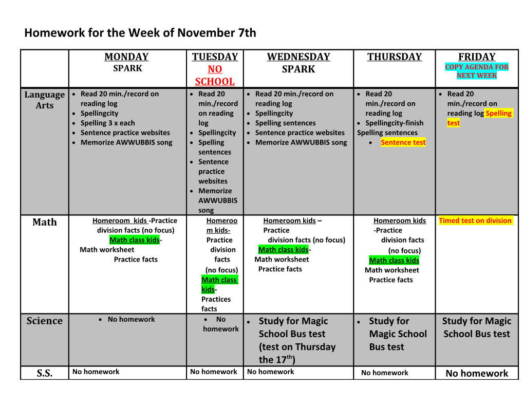 Homework for the Week of November 7Th