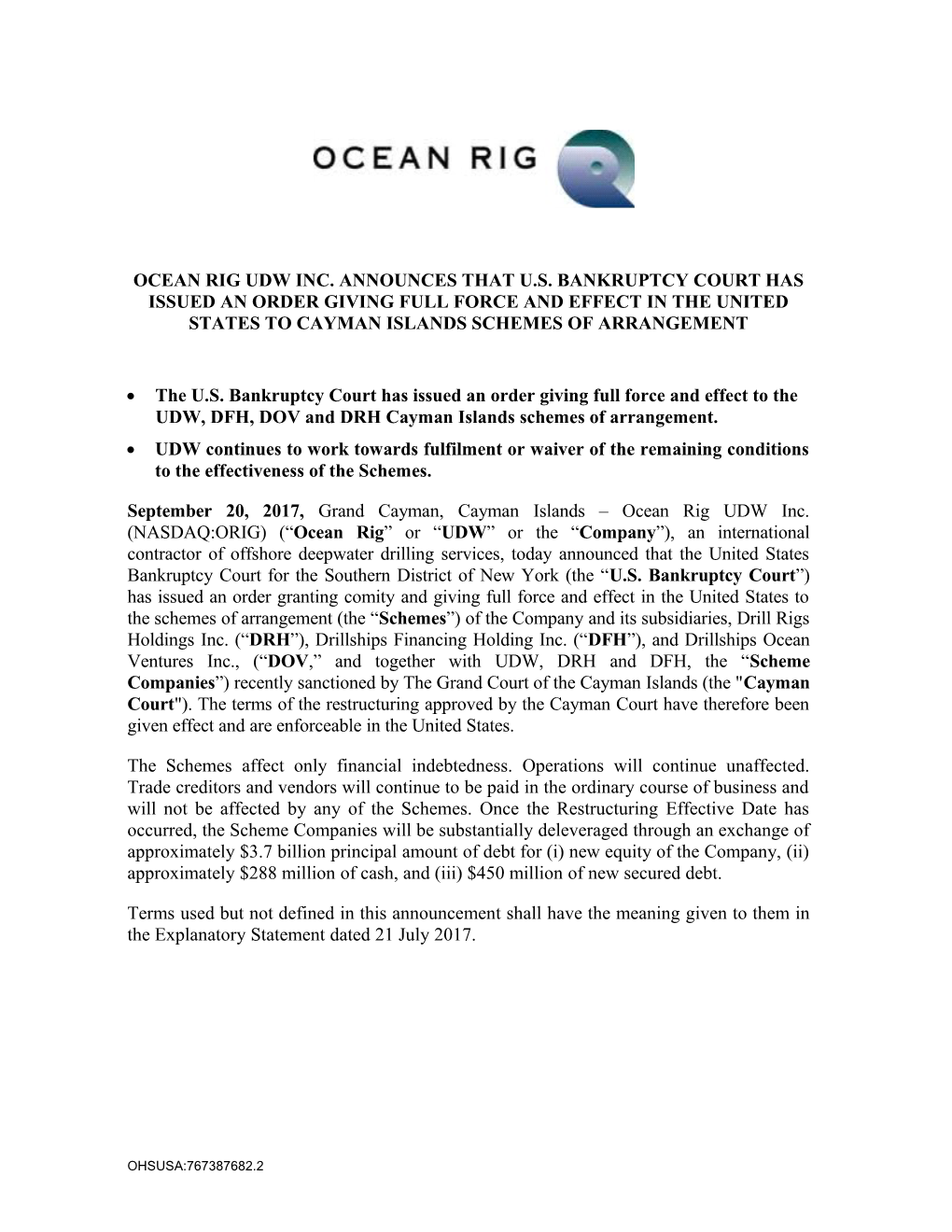 Ocean Rig Udw Inc. Announces That U.S. Bankruptcy Court Has Issued an Order Giving Full