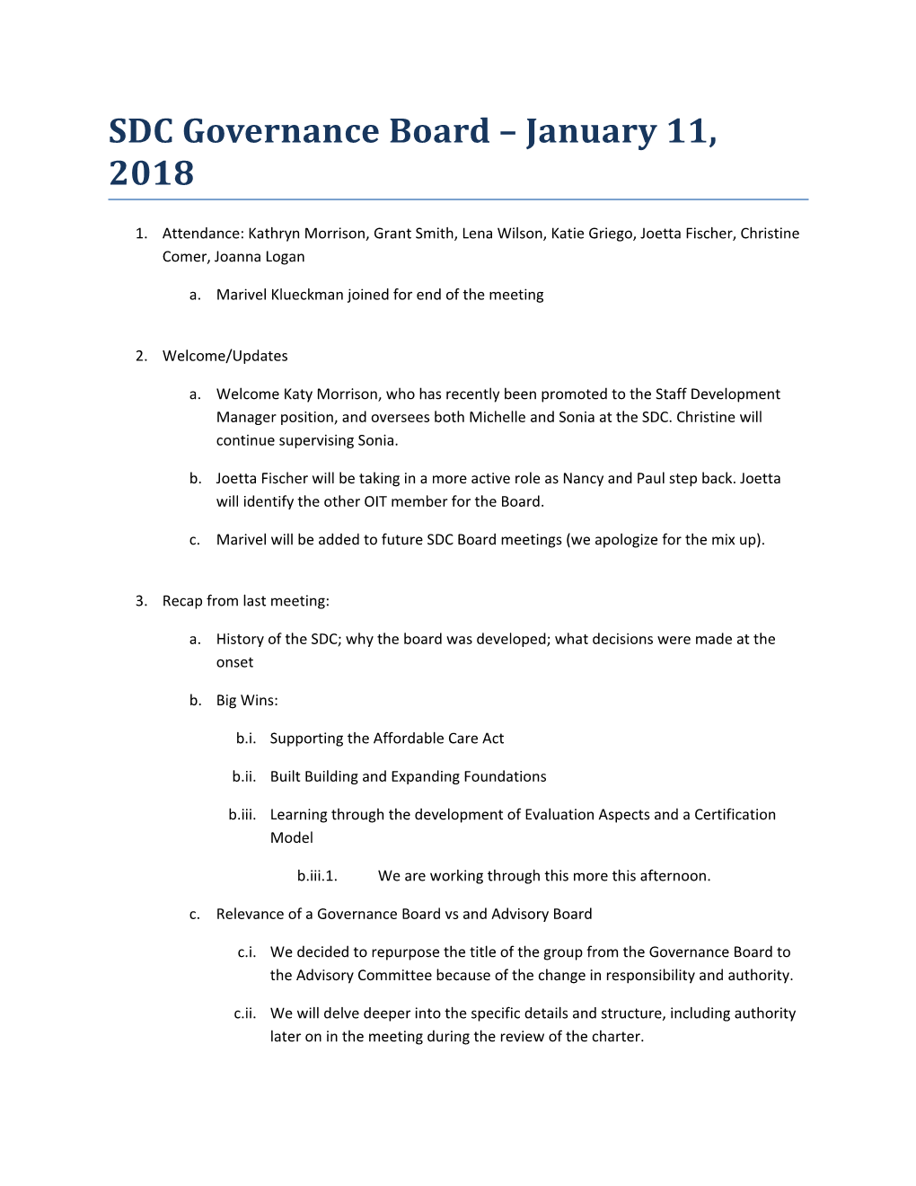 SDC Governance Board January 11, 2018
