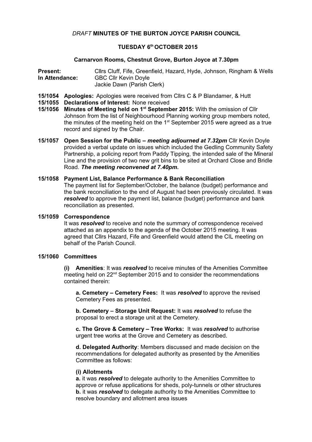 Draft Minutes of the Burton Joyce Parish Council